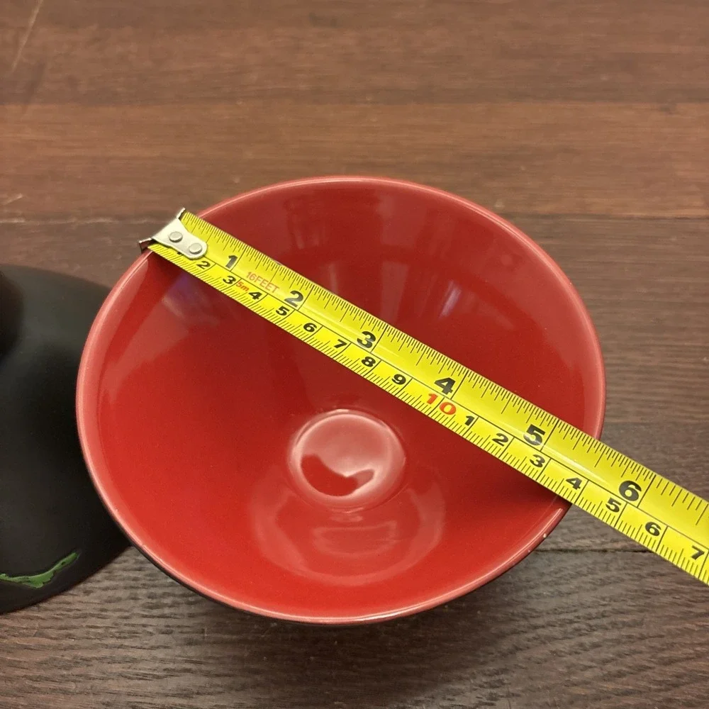 Pier 1 Matte Black Red Cherry Blossom Rice Bowls Set of 2 Ceramic Asian Style
